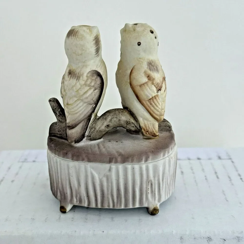 Trinket Box Ring Box Perched Owls Figurine Floral Accent Brown Bisque 5090 Japan
